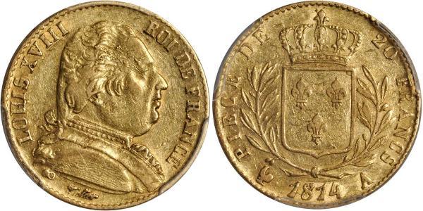 20 Franc 波旁复辟 金 路易十八 (1755 - 1824)
