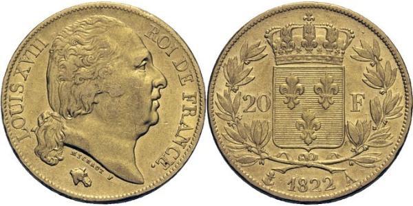 20 Franc 波旁复辟 金 路易十八 (1755 - 1824)