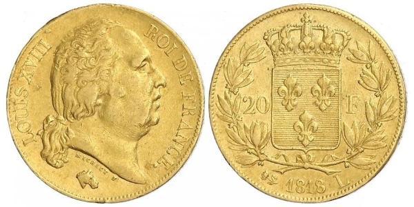 20 Franc 波旁复辟 金 路易十八 (1755 - 1824)