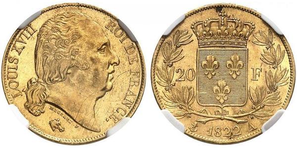 20 Franc 波旁复辟 金 路易十八 (1755 - 1824)