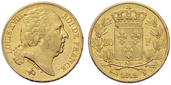 20 Franc 波旁复辟 金 路易十八 (1755 - 1824)