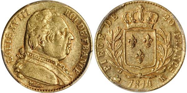 20 Franc 波旁复辟 金 路易十八 (1755 - 1824)