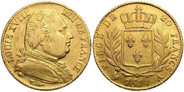 20 Franc 波旁复辟 金 路易十八 (1755 - 1824)