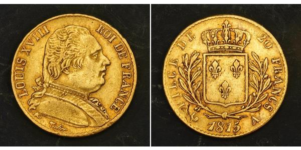 20 Franc 波旁复辟 金 路易十八 (1755 - 1824)