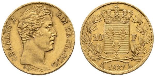 20 Franc 波旁复辟 金 查理十世 (法兰西) (1757-1836)