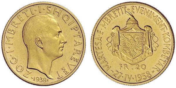 20 Franc 阿尔巴尼亚 / 阿尔巴尼亚王国 (1928 - 1939) 金 Zog I, Skanderbeg III of Albania