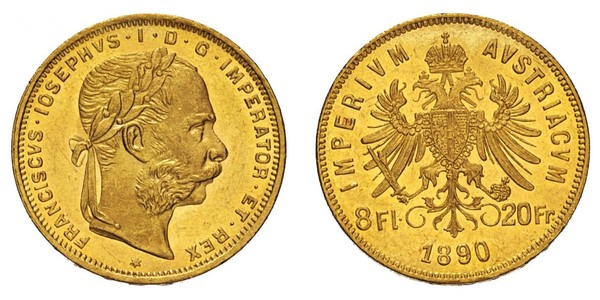 20 Franc / 8 Florin Impero austro-ungarico (1867-1918) Oro Franz Joseph I (1830 - 1916)