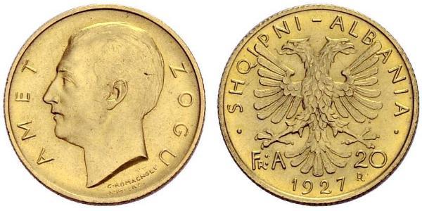 20 Franga Ari Albanian Republic (1925-1928) Gold Zog I, Skanderbeg III of Albania