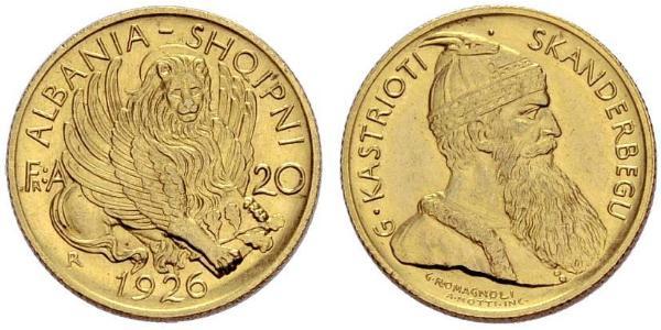 20 Franga Ari Albanian Republic (1925-1928) Gold Zog I, Skanderbeg III of Albania