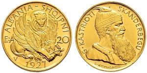20 Franga Ari République albanaise (1925-1928) Or Zog I, Skanderbeg III of Albania