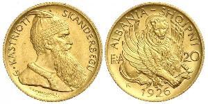 20 Franga Ari République albanaise (1925-1928) Or Zog I, Skanderbeg III of Albania