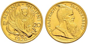 20 Franga Ari Albanian Republic (1925-1928) Oro Zog I, Skanderbeg III of Albania