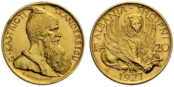 20 Franga Ari Repubblica albanese (1925-1928) Oro Zog I, Skanderbeg III of Albania