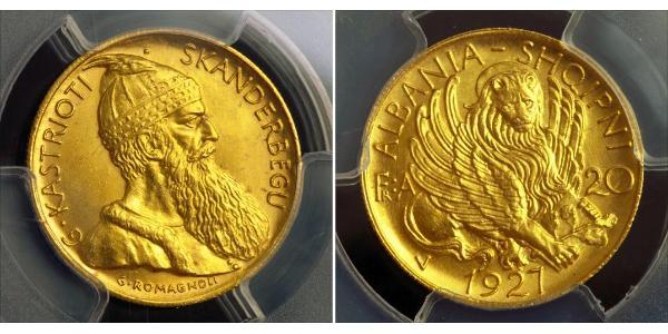 20 Franga Ari Repubblica albanese (1925-1928) Oro Zog I, Skanderbeg III of Albania