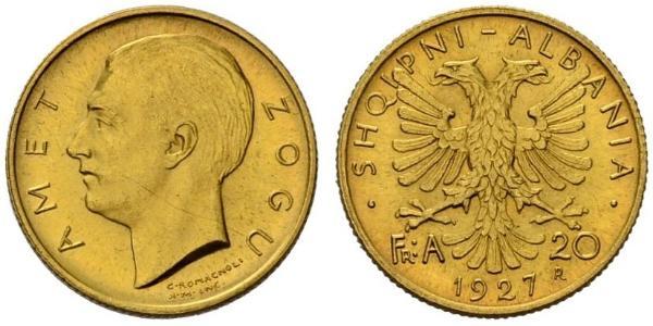 20 Franga Ari Repubblica albanese (1925-1928) Oro Zog I, Skanderbeg III of Albania