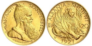 20 Franga Ari 阿尔巴尼亚共和国 (1925－1928) (1925 - 1928) 金 Zog I, Skanderbeg III of Albania