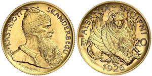 20 Franga Ari 阿尔巴尼亚共和国 (1925－1928) (1925 - 1928) 金 Zog I, Skanderbeg III of Albania