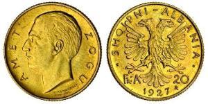 20 Franga Ari 阿尔巴尼亚共和国 (1925－1928) (1925 - 1928) 金 Zog I, Skanderbeg III of Albania