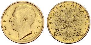 20 Franga Ari 阿尔巴尼亚共和国 (1925－1928) (1925 - 1928) 金 Zog I, Skanderbeg III of Albania