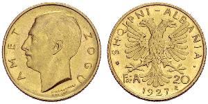 20 Franga Ari 阿尔巴尼亚共和国 (1925－1928) (1925 - 1928) 金 Zog I, Skanderbeg III of Albania