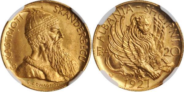 20 Franga Ari 阿尔巴尼亚共和国 (1925－1928) (1925 - 1928) 金 Zog I, Skanderbeg III of Albania