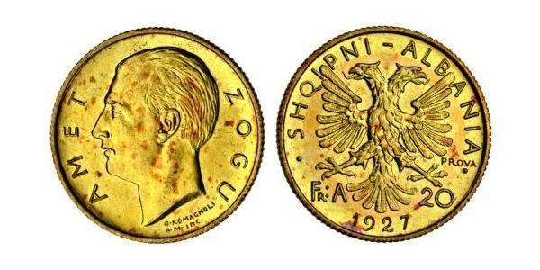 20 Franga Ari 阿尔巴尼亚共和国 (1925－1928) (1925 - 1928) 金 Zog I, Skanderbeg III of Albania