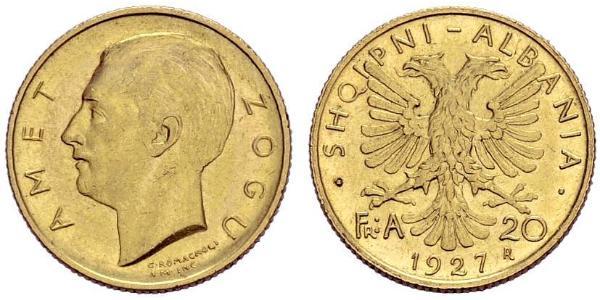 20 Franga Ari 阿尔巴尼亚共和国 (1925－1928) (1925 - 1928) 金 Zog I, Skanderbeg III of Albania
