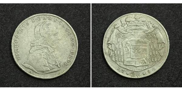 20 Kreuzer Salzburgo Plata Hieronymus von Colloredo (1732 - 1812)