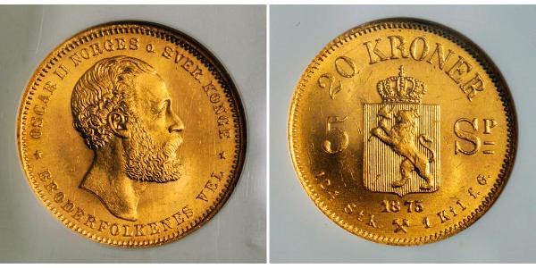 20 Krone Noruega Oro Óscar II de Suecia (1829-1907)