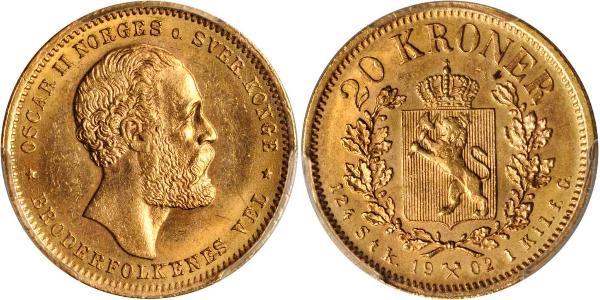 20 Krone Noruega Oro Óscar II de Suecia (1829-1907)