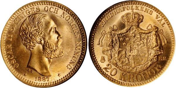 20 Krone Suecia Oro Óscar II de Suecia (1829-1907)