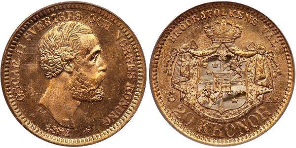20 Krone 瑞典 金 奧斯卡二世 (1829-1907)