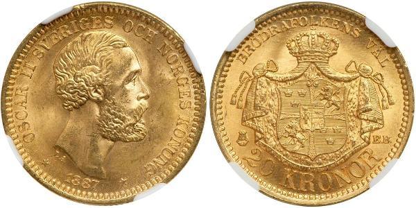 20 Krone 瑞典 金 奧斯卡二世 (1829-1907)