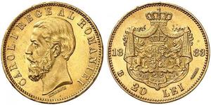 20 Leu Kingdom of Romania (1881-1947) Gold Carol I of Romania (1839 - 1914)