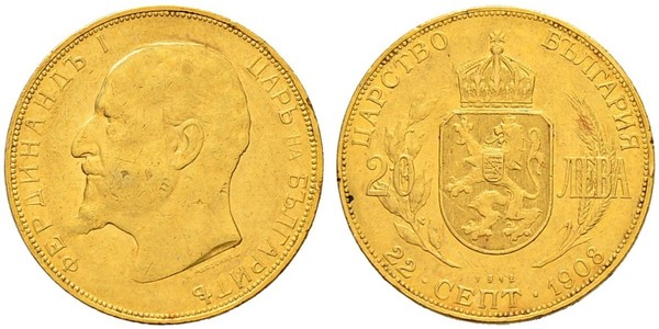 20 Lev Bulgarie Or Ferdinand I de Bulgarie (1861 -1948)