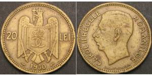 20 Lev 羅馬尼亞王國 (1881 - 1947) 黃銅/镍 Carol II of Romania (1893 - 1953)