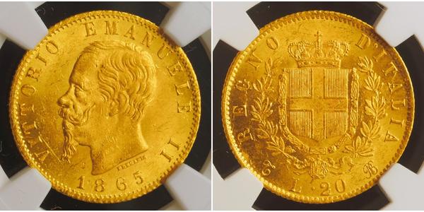 20 Lira Kingdom of Italy (1861-1946) Gold Victor Emmanuel II of Italy (1820 - 1878)