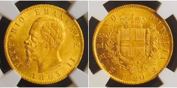 20 Lira Kingdom of Italy (1861-1946) Gold Victor Emmanuel II of Italy (1820 - 1878)