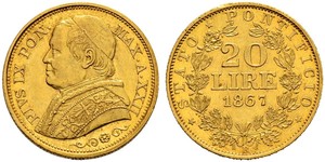 20 Lira Papal States (752-1870) Gold Pope Pius IX (1792- 1878)