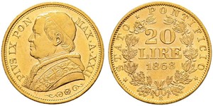 20 Lira Papal States (752-1870) Gold Pope Pius IX (1792- 1878)