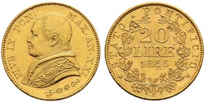 20 Lira Papal States (752-1870) Gold Pope Pius IX (1792- 1878)