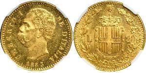 20 Lira Kingdom of Italy (1861-1946) Or Umberto I (1844-1900)