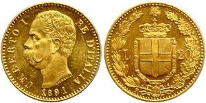 20 Lira Kingdom of Italy (1861-1946) Or Umberto I (1844-1900)