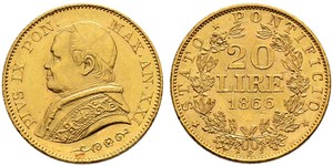 20 Lira Estados Pontificios (752-1870) Oro Pío IX (1792- 1878)