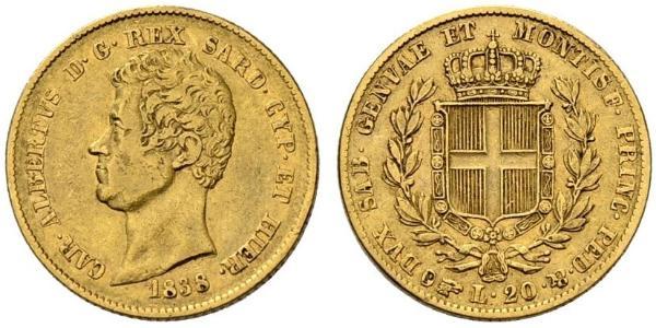 20 Lira Italia / Reino de Cerdeña (1324 - 1861) Oro Carlos Alberto de Cerdeña (1798 - 1849)