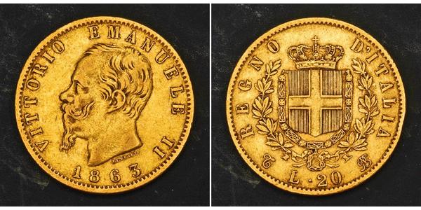 20 Lira Kingdom of Italy (1861-1946) Oro Victor Emmanuel II of Italy (1820 - 1878)