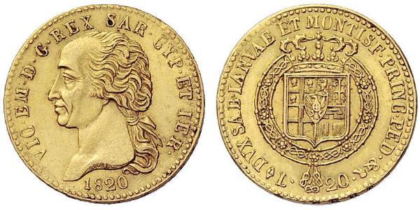 20 Lira Regno di Sardegna (1324 - 1861) Oro Vittorio Emanuele I di Savoia