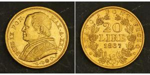 20 Lira Stato Pontificio (752-1870) Oro Papa Pio IX (1792- 1878)