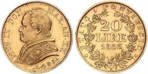 20 Lira Stato Pontificio (752-1870) Oro Papa Pio IX (1792- 1878)