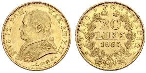 20 Lira Stato Pontificio (752-1870) Oro Papa Pio IX (1792- 1878)